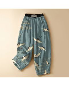 Buddha Stones Pure Cotton Elegant Crane Cloud Pattern Frog Button Women's Elastic Waist Harem Pants With Pockets - Aquamarine / US2,UK/AU6,EU34 (XS)