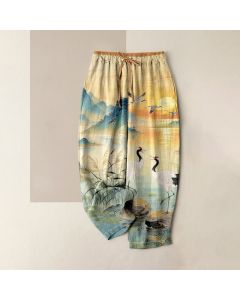 Buddha Stones Pure Cotton Elegant Crane Landscape Pattern Women's Elastic Waist Pants With Pockets - DarkTurquoise / US4，UK/AU8，EU36 (S)