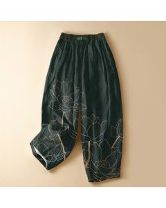 Buddha Stones Pure Cotton Elegant Lotus Outline Pattern Frog Button Women's Elastic Waist Harem Pants With Pockets - DarkGreen / US2,UK/AU6,EU34 (XS)