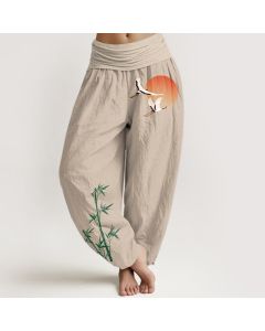 Buddha Stones Pure Cotton Elegant Sun Crane Bamboo Pattern Women's Elastic Waist Harem Pants - Black / US8-10，UK/AU12-14，EU40-42 (L)