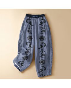 Buddha Stones Pure Cotton Ethnic Dharma Wheel Lotus OM Pattern Frog Button Women's Elastic Waist Harem Pants With Pockets - LightSteelBlue / US2，UK/AU6，EU34 (XS)