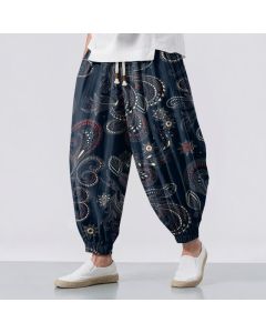 Buddha Stones Pure Cotton Ethnic Floral Paisley Pattern Drawstring Men's Harem Pants With Pockets - Navy / US/UK/AU38，EU48 (M)
