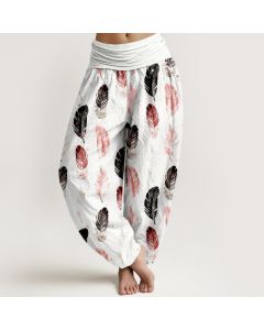 Buddha Stones Pure Cotton Feather Pattern Women's Elastic Waist Harem Pants - LightBlue / US16，UK/AU20，EU48 (3XL)