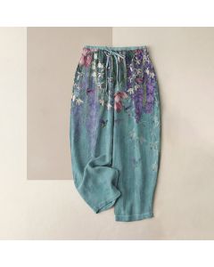 Buddha Stones Pure Cotton Floral Bird Pattern Women's Elastic Waist Pants With Pockets - Turquoise / US4，UK/AU8，EU36 (S)