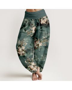 Buddha Stones Pure Cotton Floral Cloud Pattern Women's Elastic Waist Harem Pants - Navy / US16，UK/AU20，EU48 (3XL)