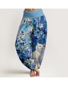 Buddha Stones Pure Cotton Floral White Cat Pattern Women's Elastic Waist Harem Pants - MediumPurple / US16，UK/AU20，EU48 (3XL)