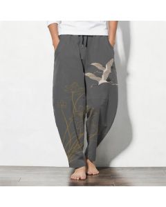 Buddha Stones Pure Cotton Flying Crane Lotus Pattern Drawstring Men's Tapered Pants With Pockets - Teal / US/UK/AU38，EU48 (M)