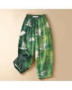 Buddha Stones Pure Cotton Flying White Crane Pattern Frog Button Women's Elastic Waist Harem Pants With Pockets - ForestGreen / US2，UK/AU6，EU34 (XS)