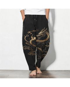 Buddha Stones Pure Cotton Golden Dragon Auspicious Cloud Pattern Drawstring Men's Tapered Pants With Pockets - Black / US/UK/AU38，EU48 (M)