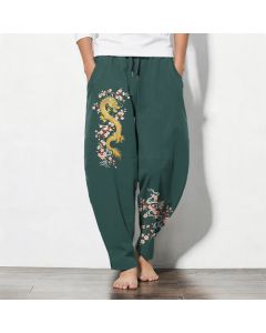 Buddha Stones Pure Cotton Golden Dragon Blossom Pattern Drawstring Men's Tapered Pants With Pockets - SeaGreen / US/UK/AU38，EU48 (M)