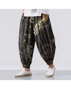 Buddha Stones Pure Cotton Golden Dragon Cloud Pattern Drawstring Men's Harem Pants With Pockets - Black / US/UK/AU38，EU48 (M)