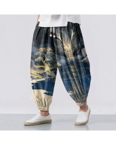 Buddha Stones Pure Cotton Golden Dragon Landscape Pattern Drawstring Men's Harem Pants With Pockets - Navy / US/UK/AU38，EU48 (M)