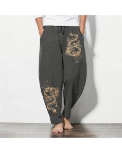 Buddha Stones Pure Cotton Golden Dragon Pattern Drawstring Men's Tapered Pants With Pockets - DimGray / US/UK/AU38，EU48 (M)