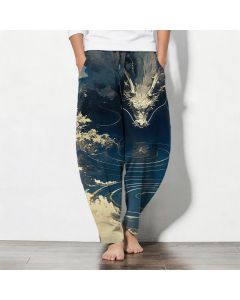 Buddha Stones Pure Cotton Golden Dragon Wave Pattern Drawstring Men's Tapered Pants With Pockets - Navy / US/UK/AU38，EU48 (M)