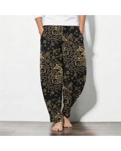 Buddha Stones Pure Cotton Golden Koi Fish Floral Pattern Drawstring Men's Tapered Pants With Pockets - Black / US/UK/AU38，EU48 (M)