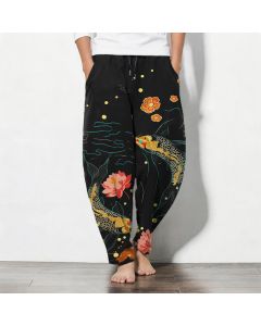 Buddha Stones Pure Cotton Golden Koi Lotus Wave Pattern Drawstring Men's Tapered Pants With Pockets - Teal / US/UK/AU38，EU48 (M)