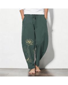 Buddha Stones Pure Cotton Golden Lotus Cloud Pattern Drawstring Men's Tapered Pants With Pockets - Teal / US/UK/AU38，EU48 (M)