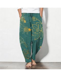 Buddha Stones Pure Cotton Golden Lotus Koi Pattern Drawstring Men's Tapered Pants With Pockets - Teal / US/UK/AU38，EU48 (M)