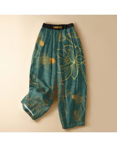 Buddha Stones Pure Cotton Golden Lotus Leaf Koi Fish Pattern Frog Button Women's Elastic Waist Harem Pants With Pockets - Teal / US2,UK/AU6,EU34 (XS)