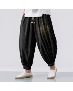Buddha Stones Pure Cotton Golden Lotus Mandala Geometry Pattern Drawstring Men's Harem Pants With Pockets - Black / US/UK/AU38，EU48 (M)