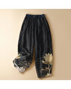 Buddha Stones Pure Cotton Golden Lotus Wave Pattern Frog Button Women's Elastic Waist Harem Pants With Pockets - Black / US2，UK/AU6，EU34 (XS)
