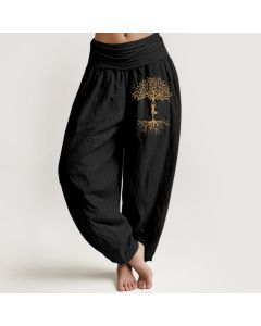 Buddha Stones Pure Cotton Golden Tree of Life Pattern Women's Elastic Waist Harem Pants - DarkSlateBlue / US2，UK/AU6，EU34 (XS)