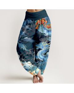 Buddha Stones Pure Cotton Gorgeous Dragon Cloud Rainbow Pattern Women's Elastic Waist Harem Pants - Black / US16，UK/AU20，EU48 (3XL)
