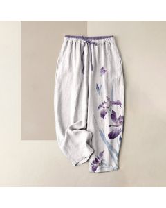 Buddha Stones Pure Cotton Graceful Iris Pattern Women's Elastic Waist Pants With Pockets - LemonChiffon / US16，UK/AU20，EU48 (3XL)