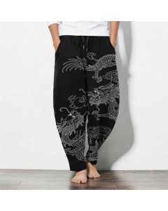 Buddha Stones Pure Cotton Imperial Dragon Pattern Drawstring Men's Tapered Pants With Pockets - Black / US/UK/AU38，EU48 (M)