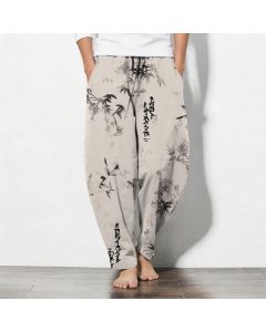 Buddha Stones Pure Cotton Ink Bamboo Calligraphy Pattern Drawstring Men's Tapered Pants With Pockets - PaleTurquoise / US/UK/AU38，EU48 (M)
