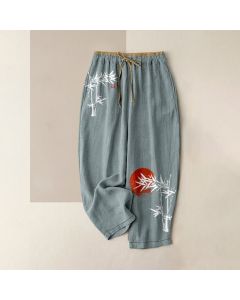 Buddha Stones Pure Cotton Ink Bamboo Red Sun Pattern Women's Elastic Waist Pants With Pockets - SaddleBrown / US12，UK/AU16，EU44 (XL)