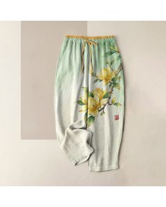 Buddha Stones Pure Cotton Ink Magnolia Pattern Women's Elastic Waist Pants With Pockets - PaleGreen / US4，UK/AU8，EU36 (S)