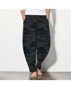 Buddha Stones Pure Cotton Japanese Cloud Wave Pattern Drawstring Men's Tapered Pants With Pockets - Teal / US/UK/AU38，EU48 (M)