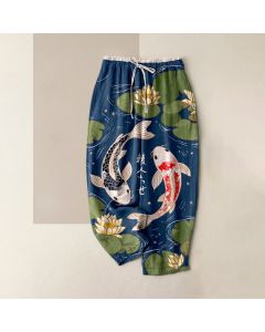 Buddha Stones Pure Cotton Japanese Koi Lotus Pattern Women's Elastic Waist Pants With Pockets - Indigo / US8-10，UK/AU12-14，EU40-42 (L)
