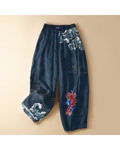 Buddha Stones Pure Cotton Japanese Koi Wave Pattern Frog Button Women's Elastic Waist Harem Pants With Pockets - Navy / US2，UK/AU6，EU34 (XS)