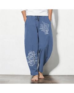 Buddha Stones Pure Cotton Koi Dragon Pattern Drawstring Men's Tapered Pants With Pockets - SteelBlue / US/UK/AU38，EU48 (M)