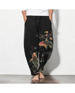 Buddha Stones Pure Cotton Koi Fish Floral Pattern Drawstring Men's Tapered Pants With Pockets - Black / US/UK/AU38，EU48 (M)