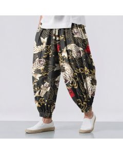 Buddha Stones Pure Cotton Koi Fish Ocean Waves Pattern Drawstring Men's Harem Pants With Pockets - Black / US/UK/AU38，EU48 (M)