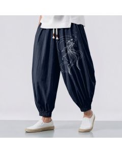 Buddha Stones Pure Cotton Koi Fish Pattern Drawstring Men's Harem Pants With Pockets - Navy / US/UK/AU38，EU48 (M)