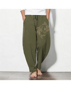 Buddha Stones Pure Cotton Koi Fish Pattern Drawstring Men's Tapered Pants With Pockets - Olive / US/UK/AU38，EU48 (M)