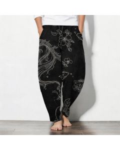 Buddha Stones Pure Cotton Koi Floral Wave Pattern Drawstring Men's Tapered Pants With Pockets - Black / US/UK/AU38,EU48 (M)