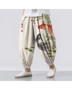 Buddha Stones Pure Cotton Koi Lotus Leaves Ink Pattern Drawstring Men's Harem Pants With Pockets - Honeydew / US/UK/AU42，EU52 (XL)