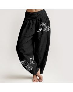 Buddha Stones Pure Cotton Koi Lotus Pattern Women's Elastic Waist Harem Pants - Black / US2，UK/AU6，EU34 (XS)