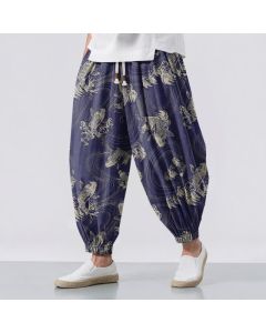 Buddha Stones Pure Cotton Koi Ripple Pattern Drawstring Men's Harem Pants With Pockets - Navy / US/UK/AU38，EU48 (M)