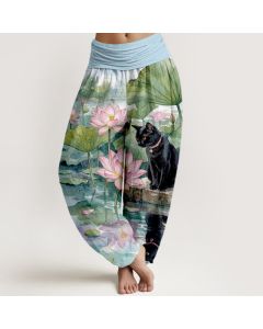 Buddha Stones Pure Cotton Lotus Black Cat Pattern Women's Elastic Waist Harem Pants - MediumPurple / US16，UK/AU20，EU48 (3XL)