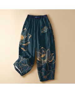 Buddha Stones Pure Cotton Lotus Bloom Pattern Frog Button Women's Elastic Waist Harem Pants With Pockets - Black / US16，UK/AU20，EU48 (3XL)