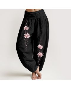 Buddha Stones Pure Cotton Lotus Blossom Pattern Women's Elastic Waist Harem Pants - Tan / US14，UK/AU18，EU46 (2XL)