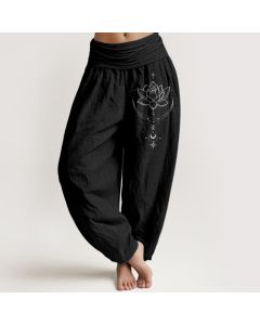 Buddha Stones Pure Cotton Lotus Crescent Moon Pattern Women's Elastic Waist Harem Pants - Black / US2，UK/AU6，EU34 (XS)