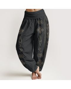 Buddha Stones Pure Cotton Lotus Flowers Double Dorje Vajra Namaste Om Design Women's Elastic Waist Harem Pants - Black / US22，UK/AU26，EU54 (6XL)
