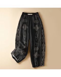 Buddha Stones Pure Cotton Lotus Flowers Double Dorje Vajra Namaste OM Pattern Frog Button Women's Elastic Waist Harem Pants With Pockets - Black / US2，UK/AU6，EU34 (XS)